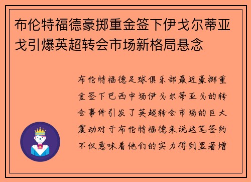 布伦特福德豪掷重金签下伊戈尔蒂亚戈引爆英超转会市场新格局悬念